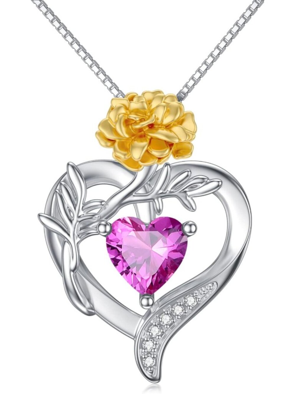 925 Sterling Silver Birth Flower Necklace with Heart Birthstone Pendant